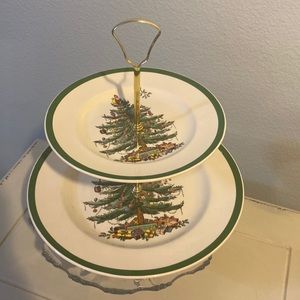 SPODE CHRISTMAS TREE TIERED SERVING DESSERT CANDY DISH VINTAGE BRASS HANDLE